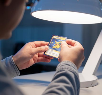 Un collectionneur examine une carte Pokémon à la lumière