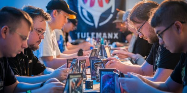 Joueurs concentrés sur leurs decks dans un tournoi Magic