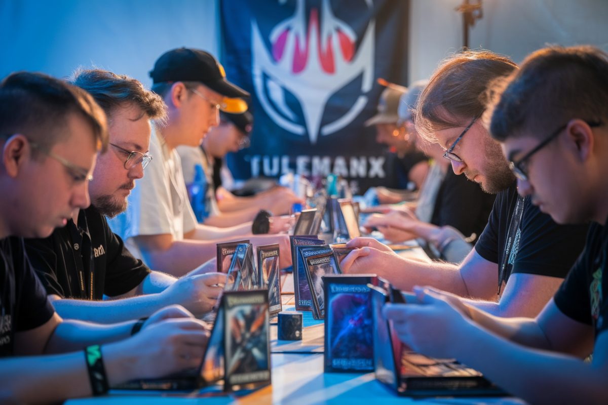 Joueurs concentrés sur leurs decks dans un tournoi Magic