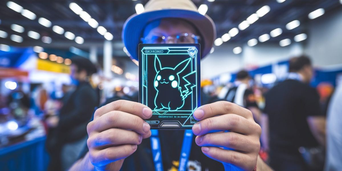 Collectionneur tenant une carte Pokémon rare en convention