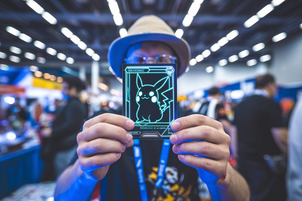 Collectionneur tenant une carte Pokémon rare en convention