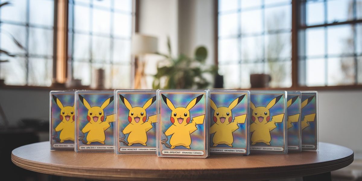 Collection de cartes Pokémon vintage sur une table en bois
