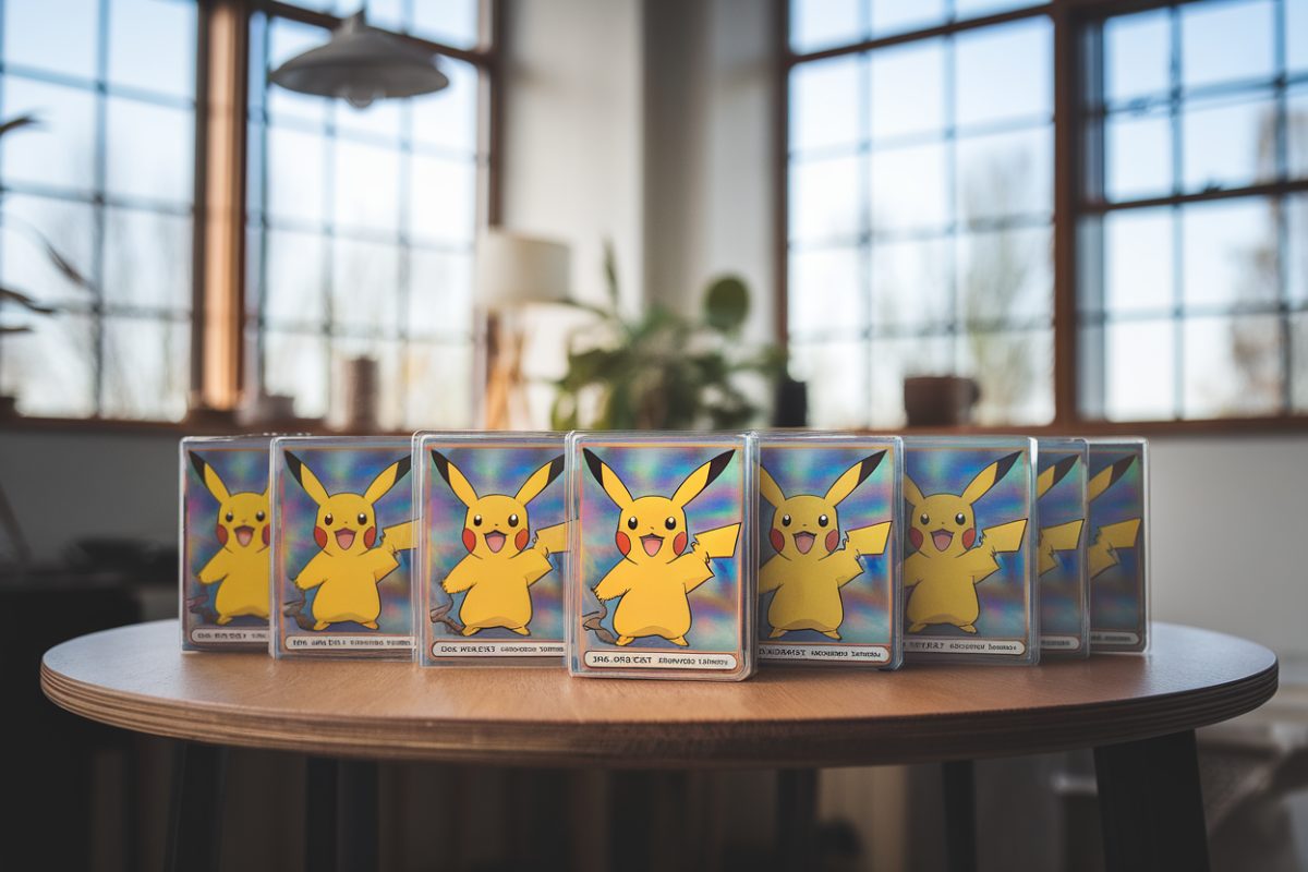 Collection de cartes Pokémon vintage sur une table en bois
