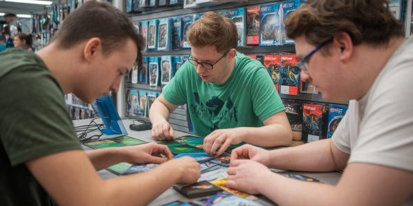 Des joueurs concentrés lors d'une partie de Magic à une table de jeu