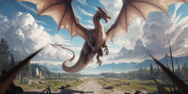 Le dragon majestueux survolant un champ de bataille