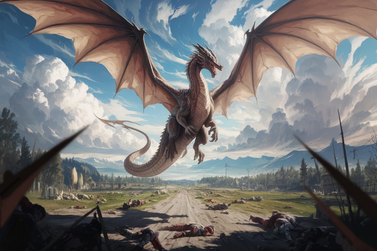 Le dragon majestueux survolant un champ de bataille